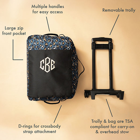 sapphire leopard rolling duffel bag infographic