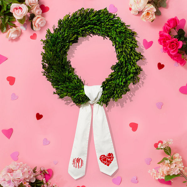 boxwood wreath with personalized valentine's day wreath sash