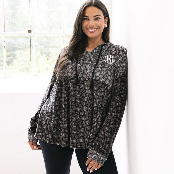 girl wearing onyx leopard monogrammed softspun pullover