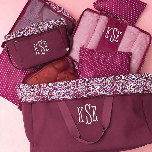 burgundy woodland blossom foldover weekend bag flatlay