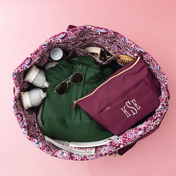 burgundy woodland blossom foldover weekend bag inside shot