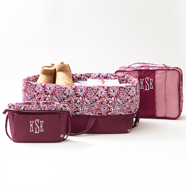 burgundy woodland blossom foldover weekend bag studio shot