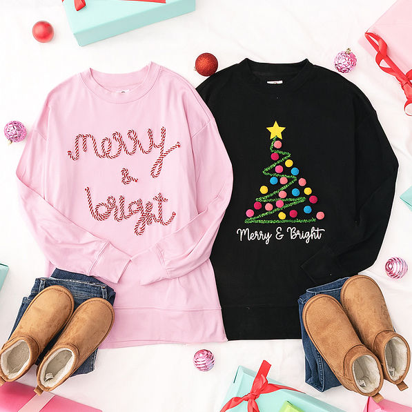 merry and bright sweatshirt in black and light pink outfits
