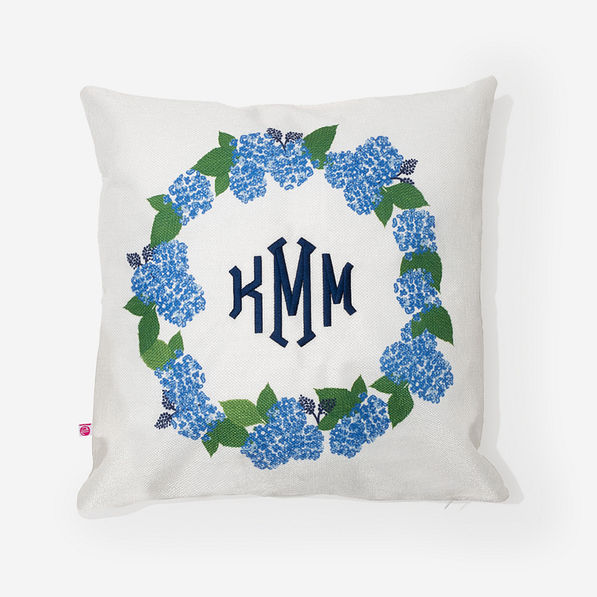 personalized spring pillow sham in blue hydrangea