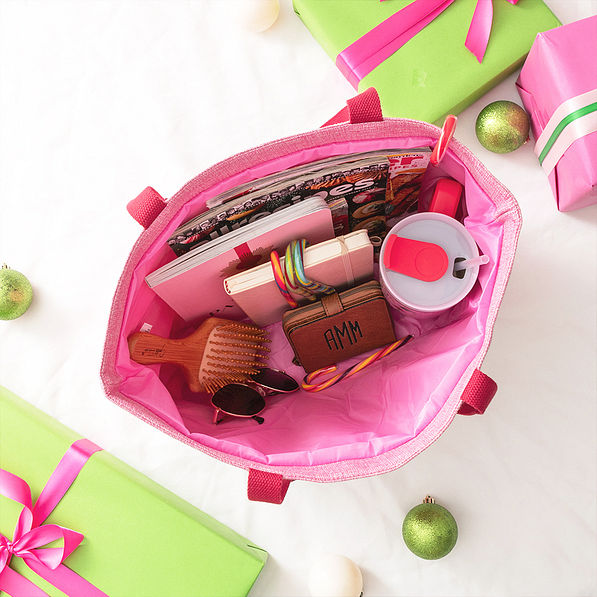 pink santa holiday sequin tote bag inside shot
