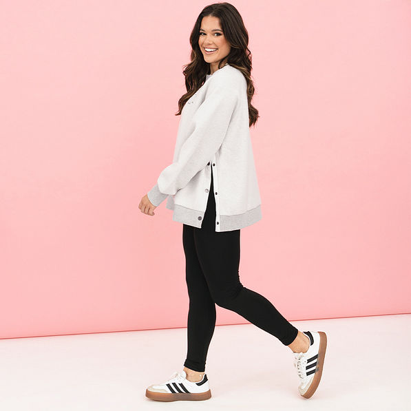 fleece sweatshirt on peyton with pink background