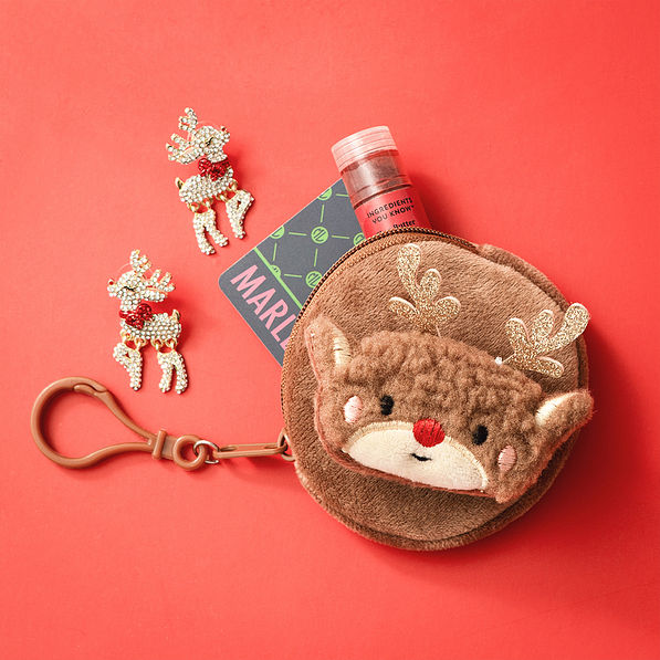 reindeer holiday bag charm with reindeer earrings