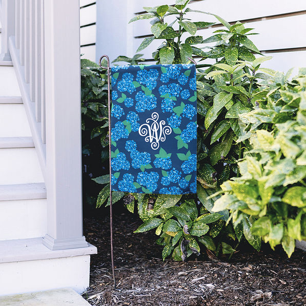 blue hydrangea spring garden flag next to staircase