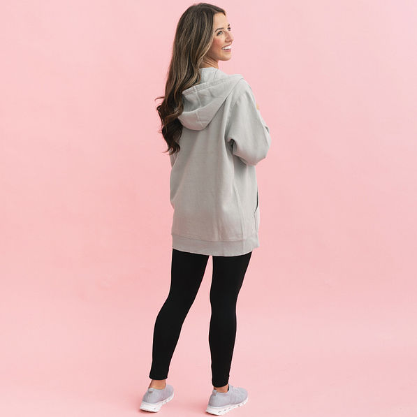 back of monogrammed hooded sweatshirt jacket in gray