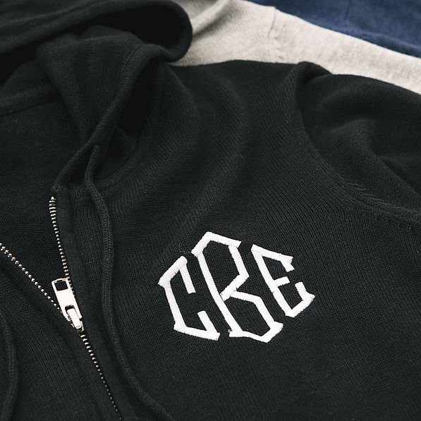 close up of navy grey and blue monogrammed knit sweater jackets