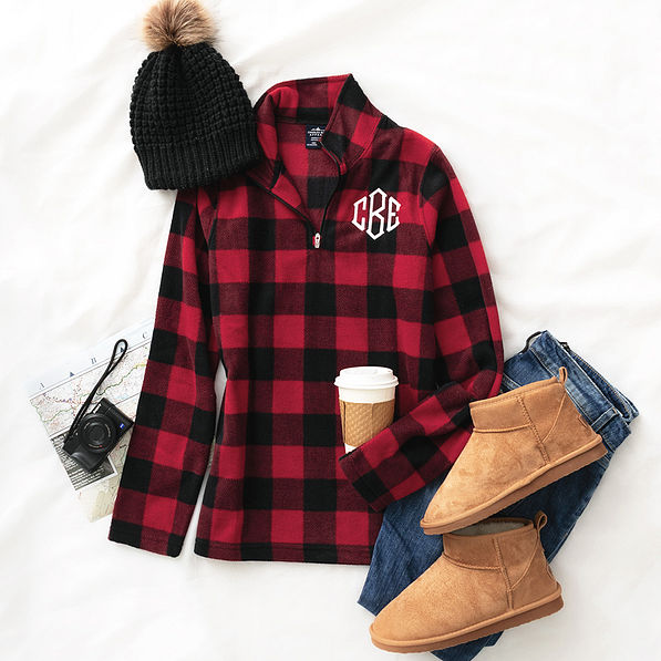 red buffalo check plaid fleece flatlay