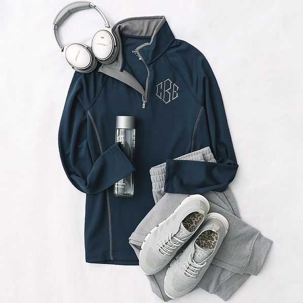 Navy athletic pullover flatlay