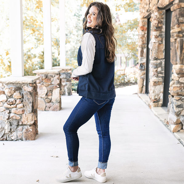 side of personalized lightweight vest in navy