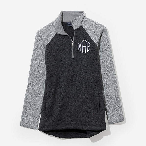 monogrammed colorblock quarter zip fleece pullover in heathered charcoal