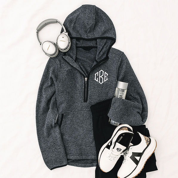 charcoal personalized fleece quarter zip hoodie with sneakers