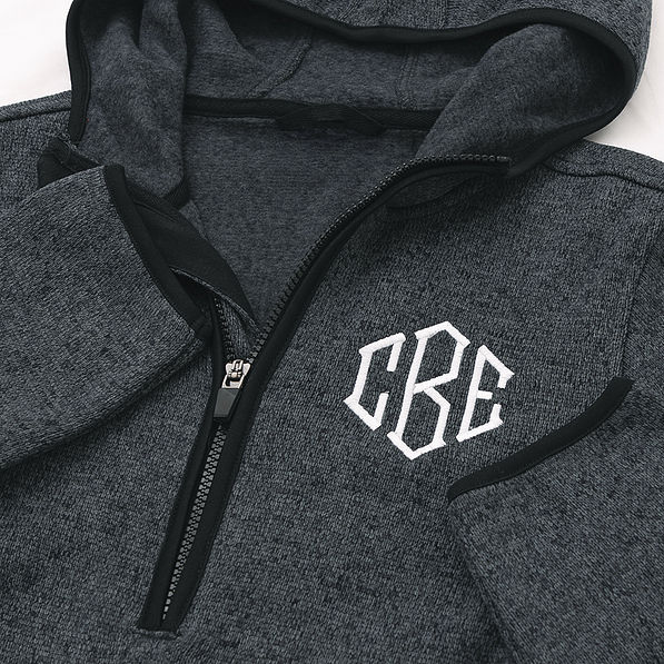 close up of personalized fleece quarter zip hoodie in charcoal