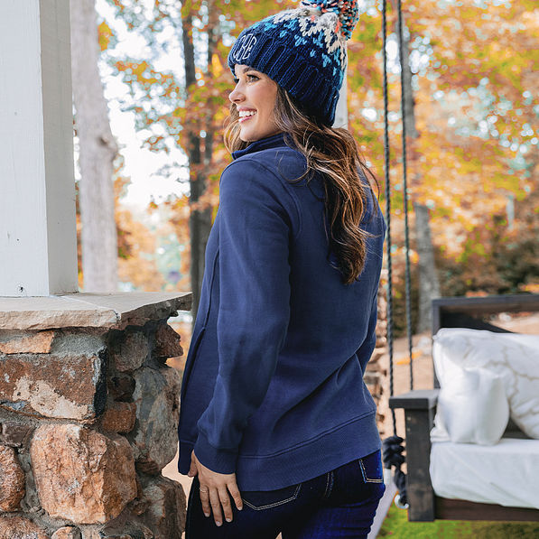 back of mock neck navy jacket