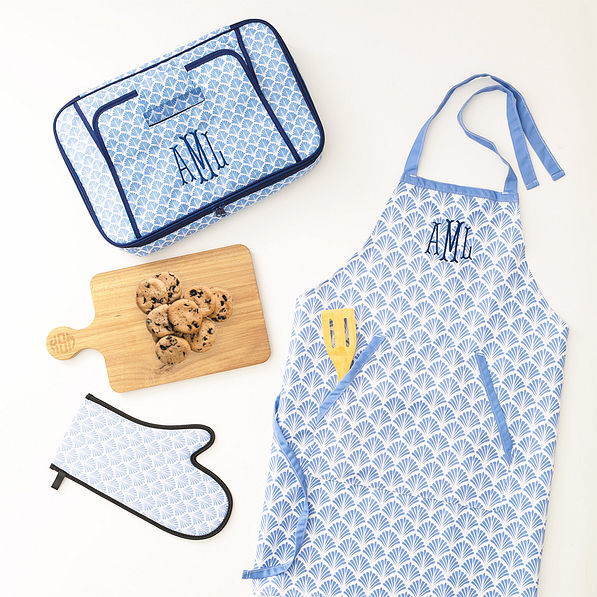blue shells casserole carrier flatlay with apron