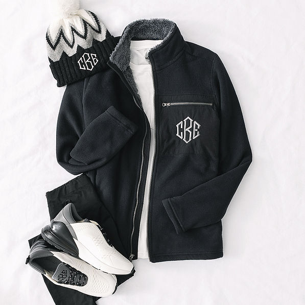 black field fleece monogrammed jacket ootd