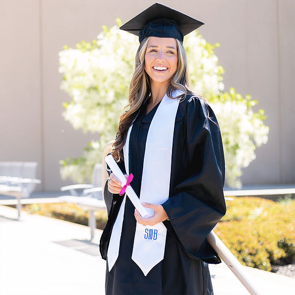 graduation stole with blue monogram