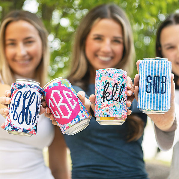 red white and bloom watercolor cheetah coral floral and seersucker stripe monogrammed can koolies