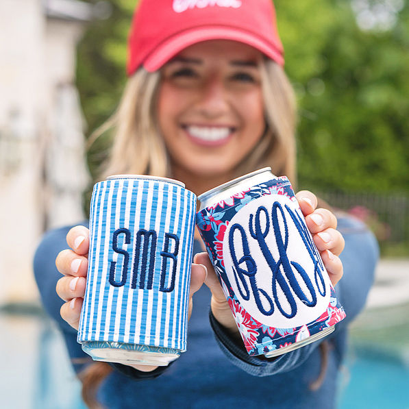 seersucker cabana stripe and red white and bloom usa america monogrammed can koolie
