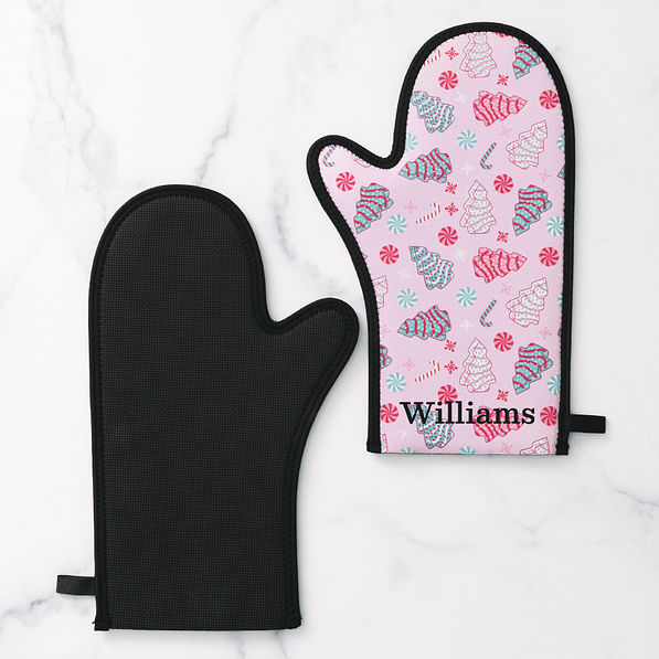 front and back of fun and frosted monogrammed neoprene oven mitt