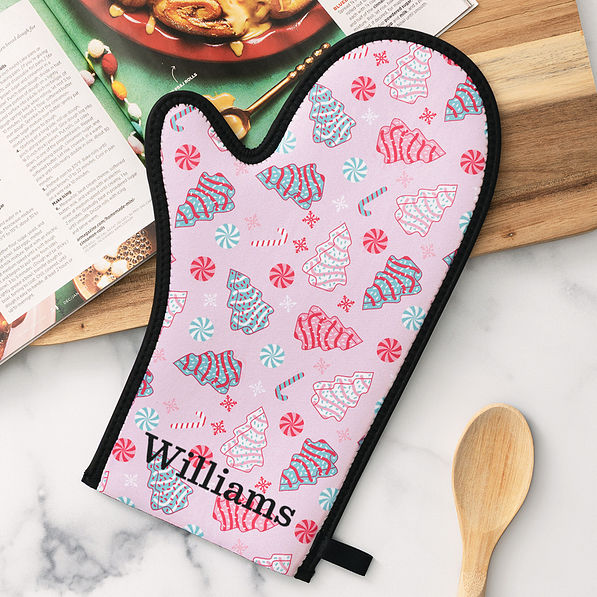 monogrammed neoprene oven mitt in fun and frosted on cooking book