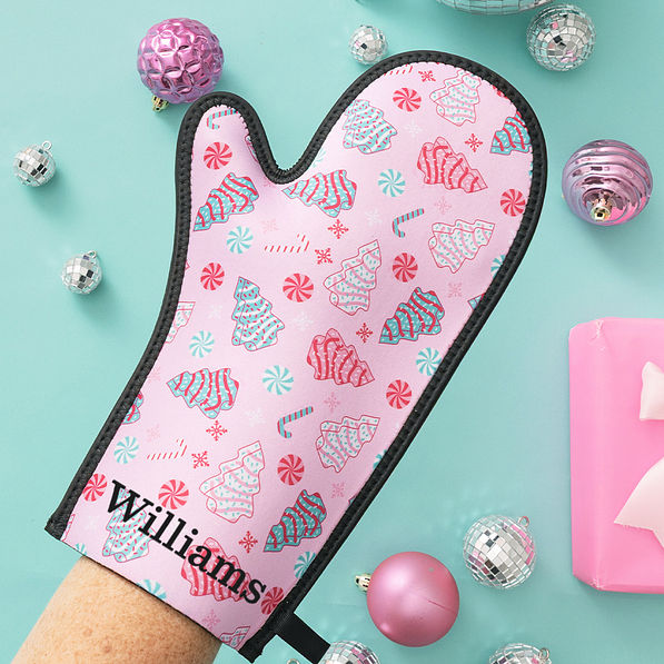 personalized neoprene oven mitt in fun and frosted with presents