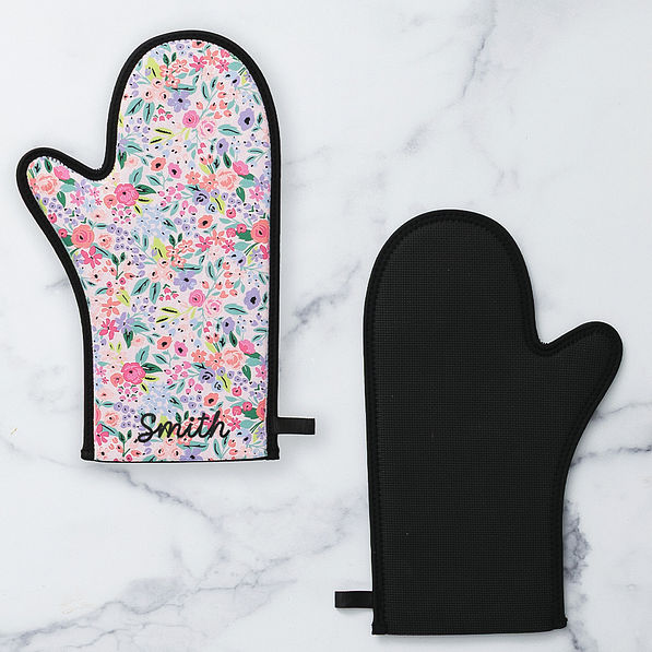 coral floral neoprene oven mitt front and back