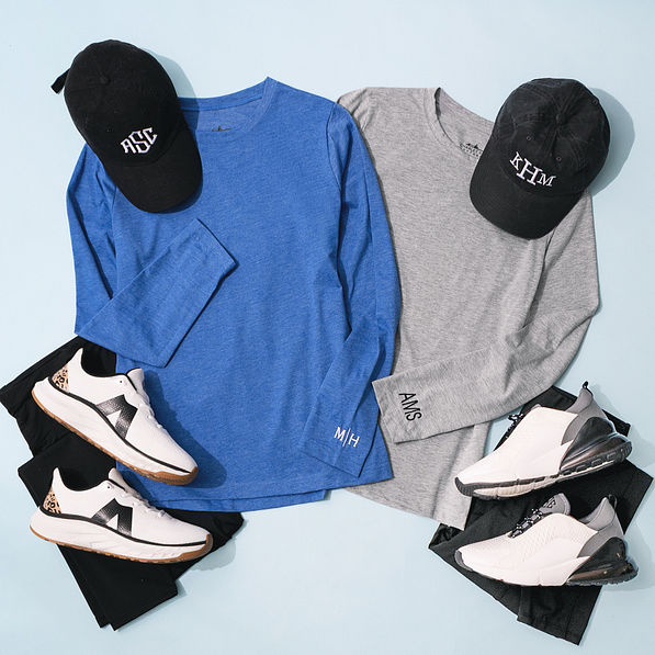 gray and blue personalized long sleeve crewneck shirts