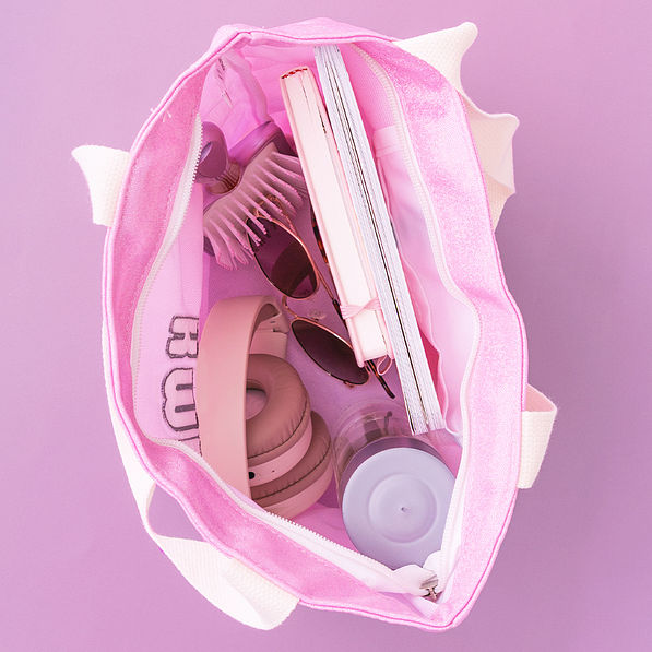 inside of monogrammed shimmer tote bag in pink