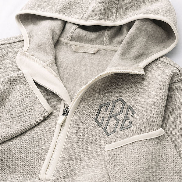 close up of personalized heathered fleece quarter zip hoodie