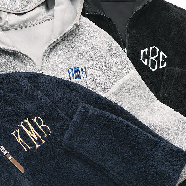 close up navy light gray and black monogrammed lightweight fleece hoodies