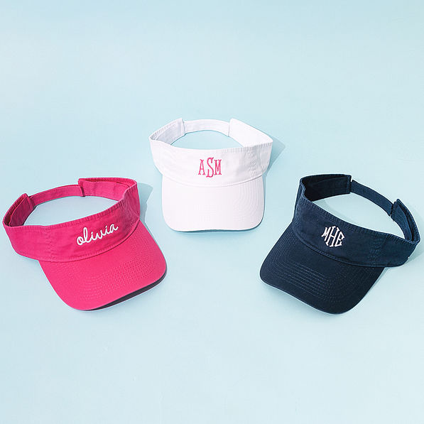 monogrammed visors in hot pink navy and white