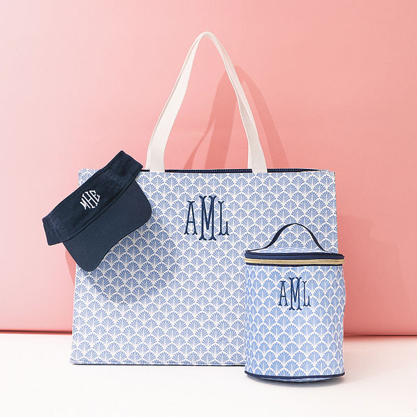 navy personalized visor on basic blue shells tote bag