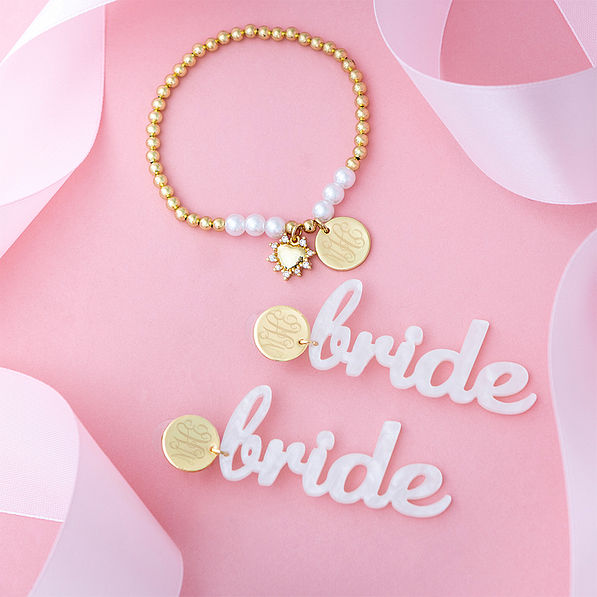 pearl  heart  bracelet  and bride earrings with  ribbon on pink