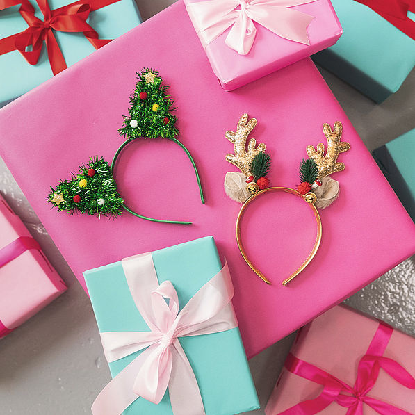 Duo Holiday Festive Headband in Reindeer and Christmas Tree with presents