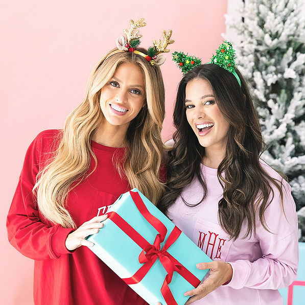 Girls wearing Duo Holiday Festive Headband Christmas Tree and reindeer