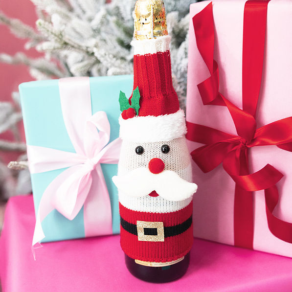 santa wine bottle sweater with gift boxes