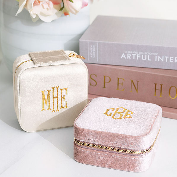 ivory and blush velvet jewelry cases with books