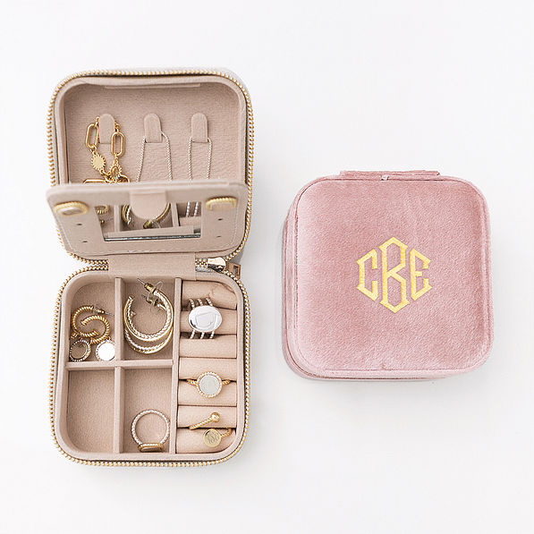 full velvet travel jewelry case in blush