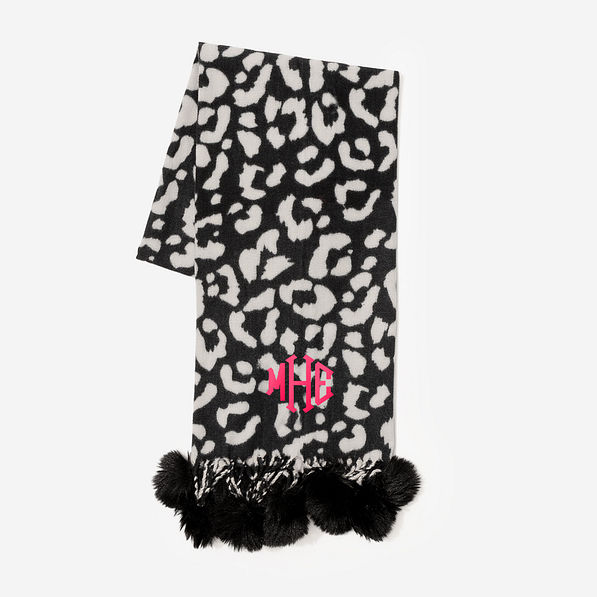Monogrammed Leopard Pom Pom Scarf Hot Pink