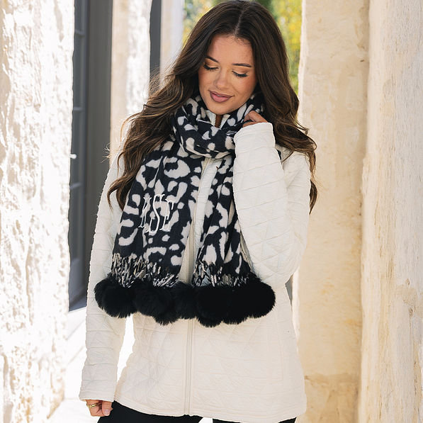 Monogrammed Leopard Pom Pom scarf on Peyton wrapped