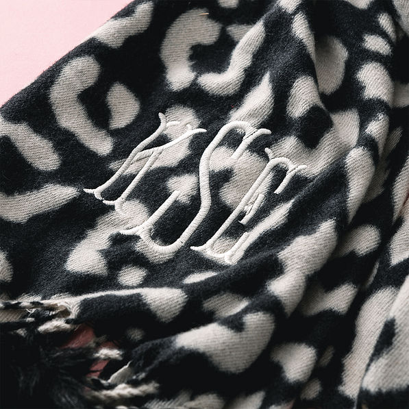 Monogrammed Leopard Pom Pom scarf detail shot