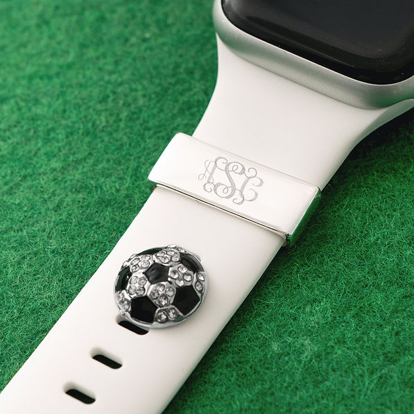 close up of soccer monogrammed sports smartwatch charm set in silver