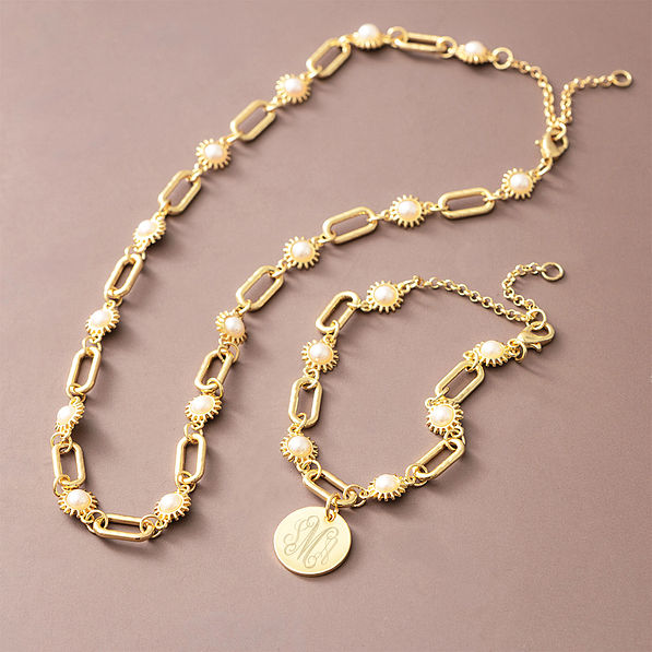 gold pearl starburst necklace with bracelet