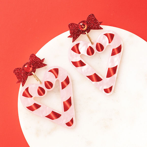 candy cane heart earrings up close