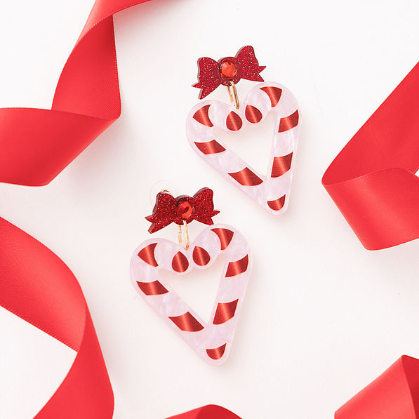 candy cane heart earrings with ribbon