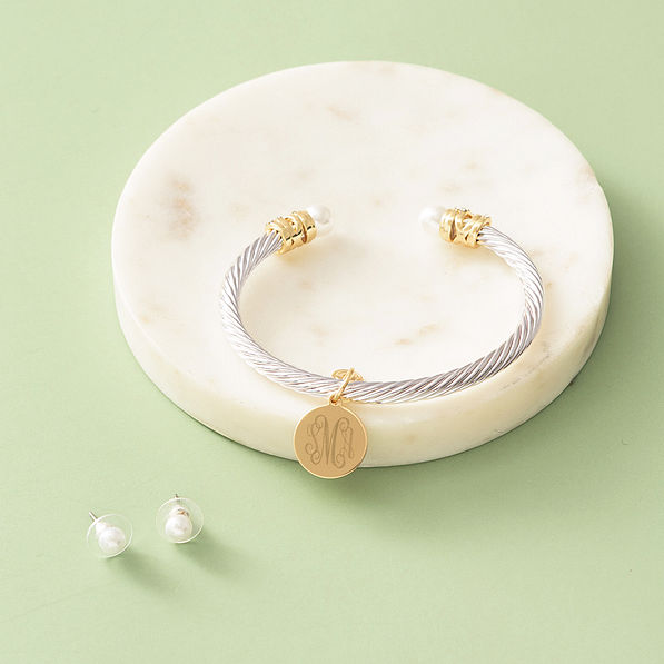 pearl cable bracelet & earring set on marble dish